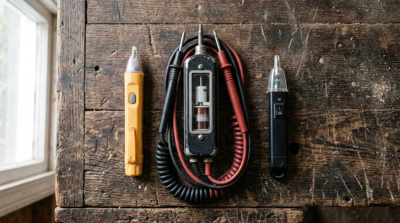 Top-down flat-lay on a weathered wooden workbench showing three voltage test instruments side by side — a yellow pen-shaped non-contact voltage tester, a vintage solenoid wiggy tester with coiled red and black leads, and a small handheld proximity detector