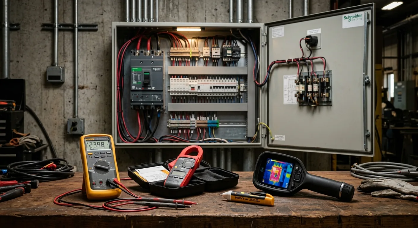 Electrician using a digital multimeter to test voltage on an electrical panel