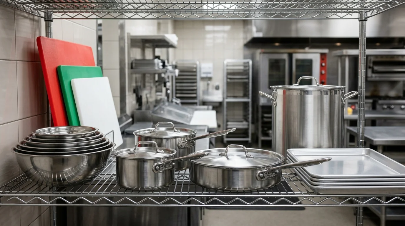 Commercial-grade stainless steel cookware on a restaurant wire shelf — heavy-bottomed saucepans, a 12-inch saute pan, a tall stockpot, stacked aluminum half-sheet pans, nested mixing bowls, and color-coded red, green, and white polyethylene cutting boards