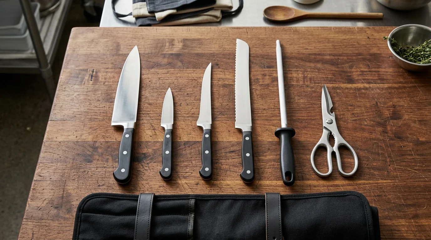 Culinary student knife kit on a wooden butcher-block prep surface — chef's knife, paring knife, boning knife, serrated bread knife, honing steel, and kitchen shears with a black canvas knife roll