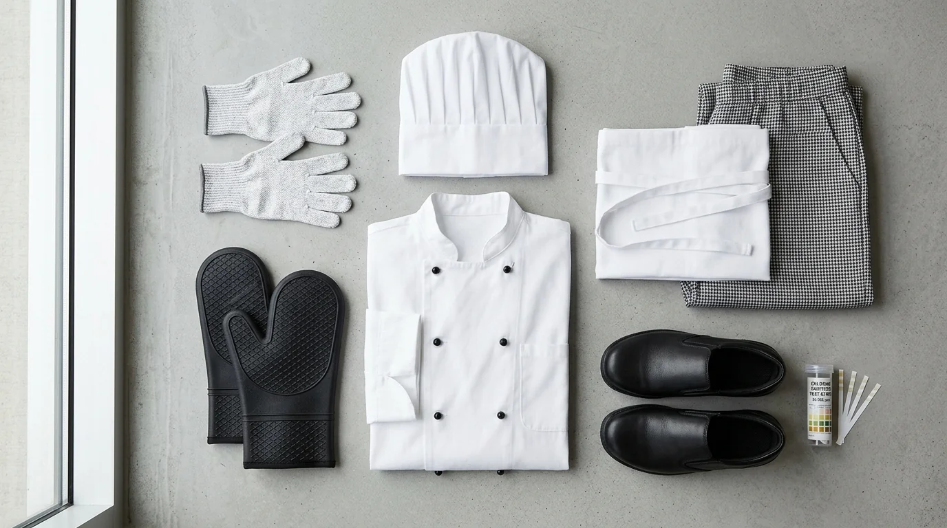 Culinary kitchen safety gear and PPE flat-lay — woven cut-resistant gloves, silicone-coated oven mitts, non-slip black kitchen shoes, folded white double-breasted chef coat, houndstooth chef pants, pleated chef toque, white apron, and a vial of chlorine sanitizer test strips