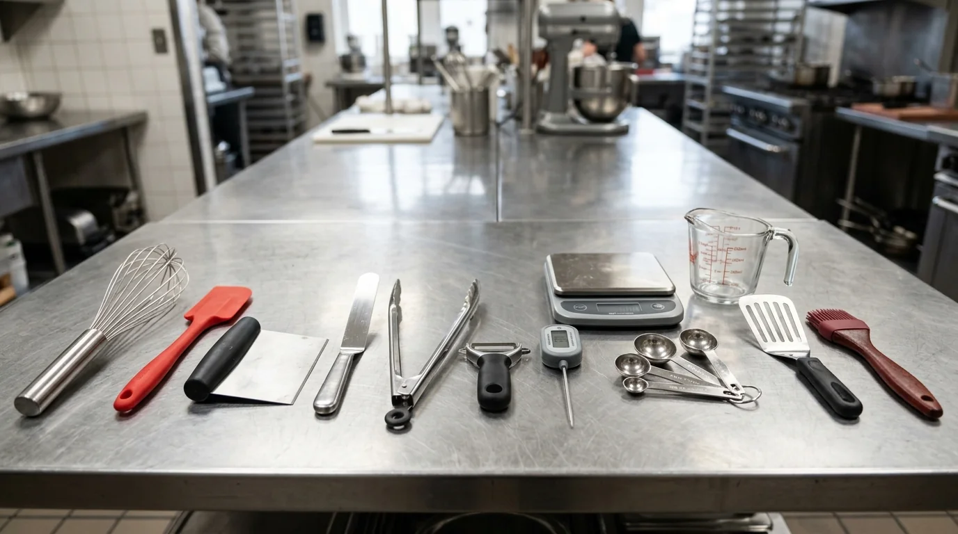 Culinary smallwares laid out on a stainless steel commercial prep table — balloon whisk, silicone spatula, bench scraper, offset spatula, spring-loaded tongs, Y-peeler, digital pocket thermometer, digital scale, glass measuring cup, nested measuring spoons, fish turner, and silicone pastry brush