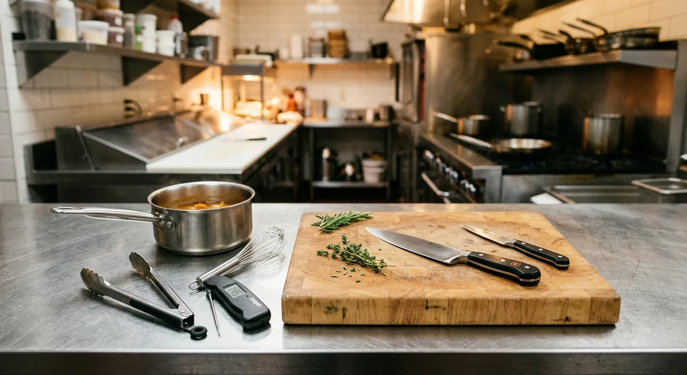 Culinary arts tools and chef's knife kit arranged on a kitchen prep station