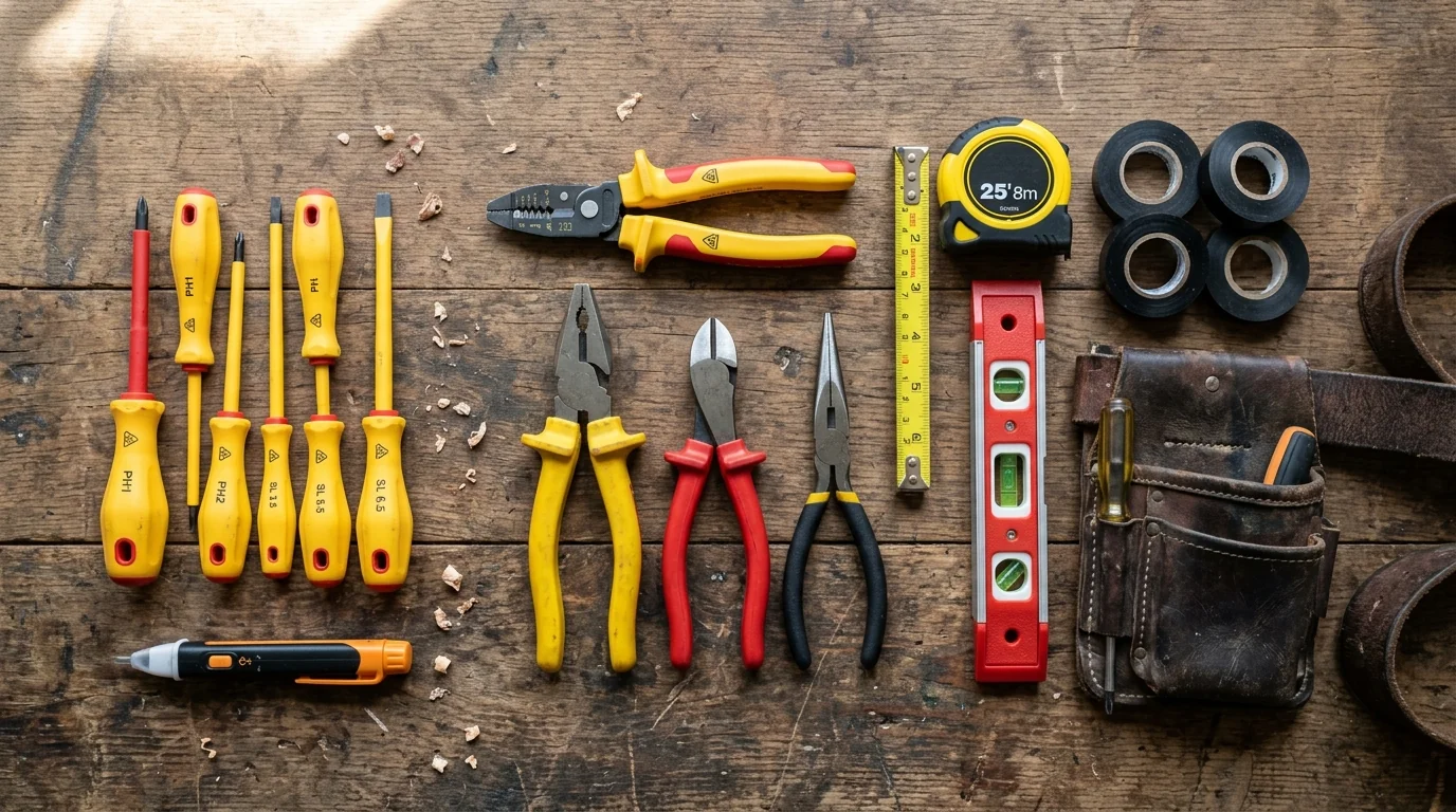 Overhead flat-lay of essential electrician hand tools on a weathered wooden workbench — insulated screwdrivers with yellow handles, lineman pliers, diagonal cutters, needle-nose pliers, tape measure, torpedo level, electrical tape rolls, non-contact voltage tester, and a leather tool pouch