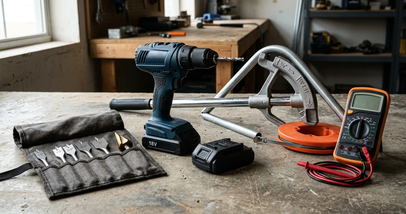 Electrician power tool kit on a concrete workshop floor — cordless drill driver with spare lithium-ion battery, spade and step drill bits, hand-operated EMT conduit bender, bent silver conduit, fish tape reel, and a digital multimeter with red and black test leads