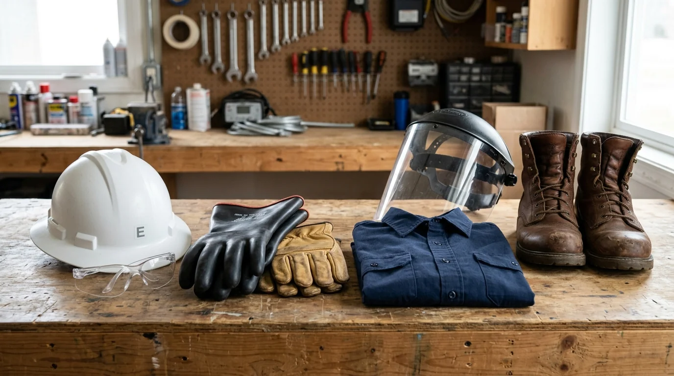 Electrician personal protective equipment laid out on a workshop bench — Class E hard hat, clear safety glasses, black rubber insulating gloves with leather protectors, folded flame-resistant arc-rated shirt, clear arc-flash face shield, and electrical-hazard-rated leather work boots