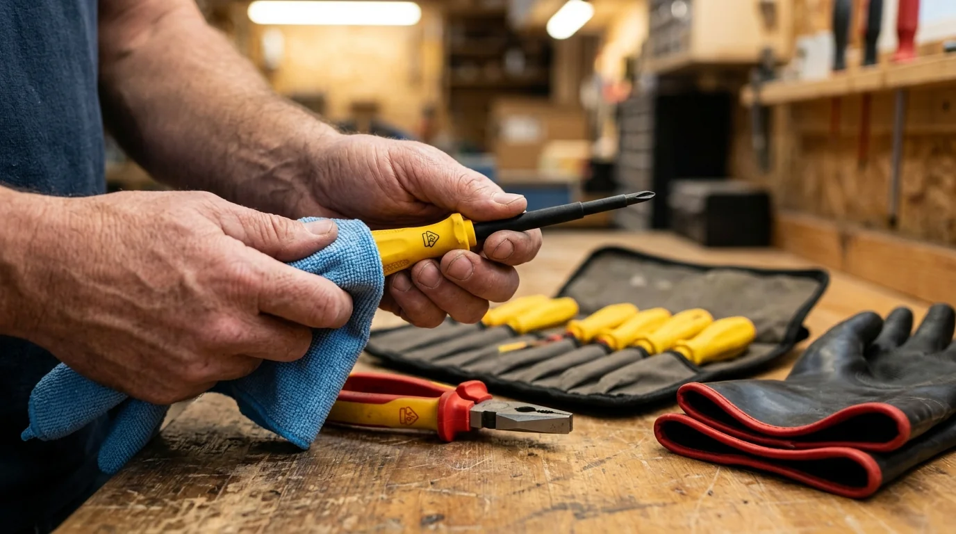 Close-up of an electrician wiping an insulated screwdriver with a soft microfiber cloth on a wooden workbench, with insulated lineman pliers, a canvas screwdriver tool roll, and folded rubber insulating gloves nearby
