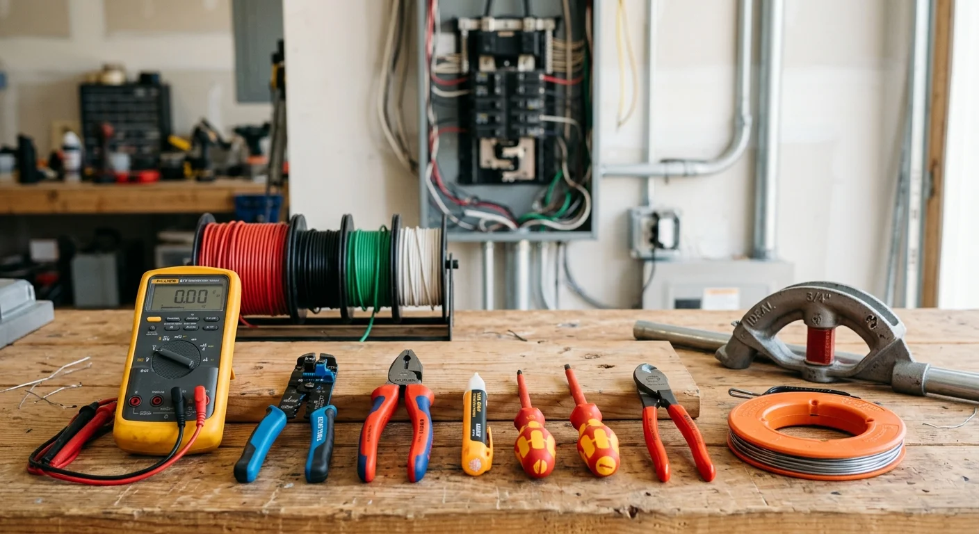 Electrician's tools and safety equipment arranged on a workbench