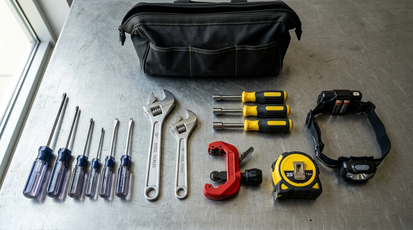 HVAC apprentice hand tool kit on a brushed metal surface — Phillips and flathead screwdrivers, two adjustable wrenches, three nut drivers, copper tube cutter, 25-foot tape measure, LED headlamp, and a black canvas tool bag