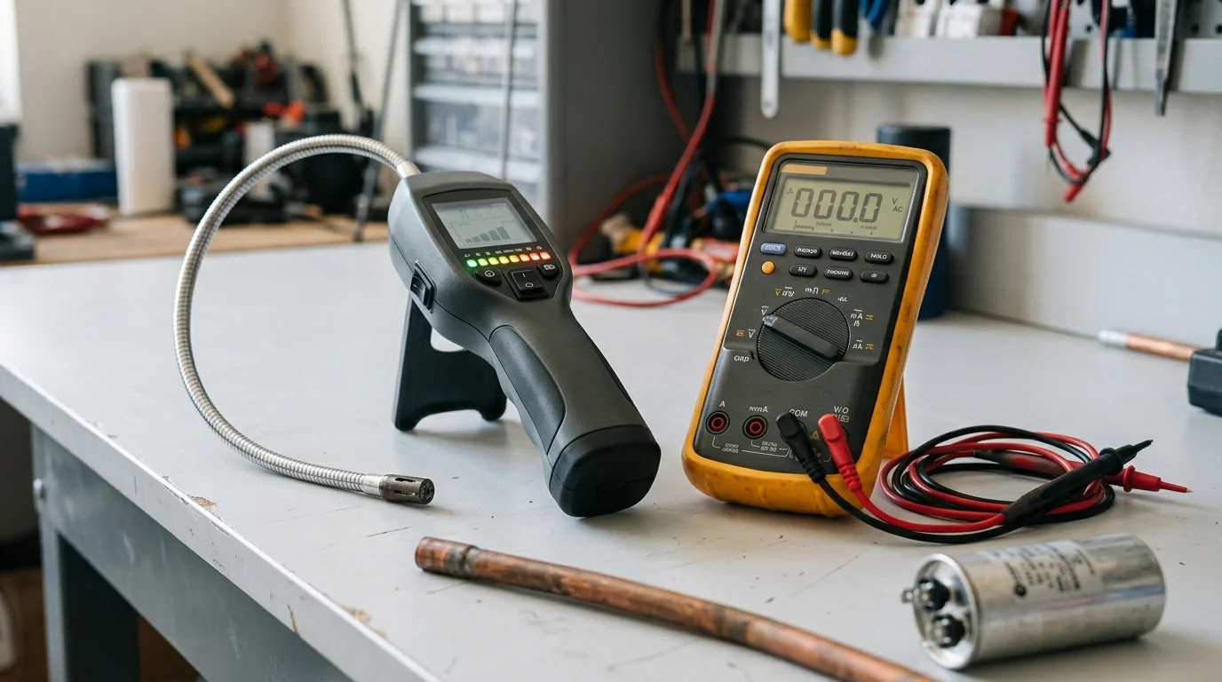 Electronic refrigerant leak detector with gooseneck sensor probe beside a yellow heavy-duty digital multimeter with red and black test leads, copper refrigerant line and motor capacitor in the foreground on a workbench