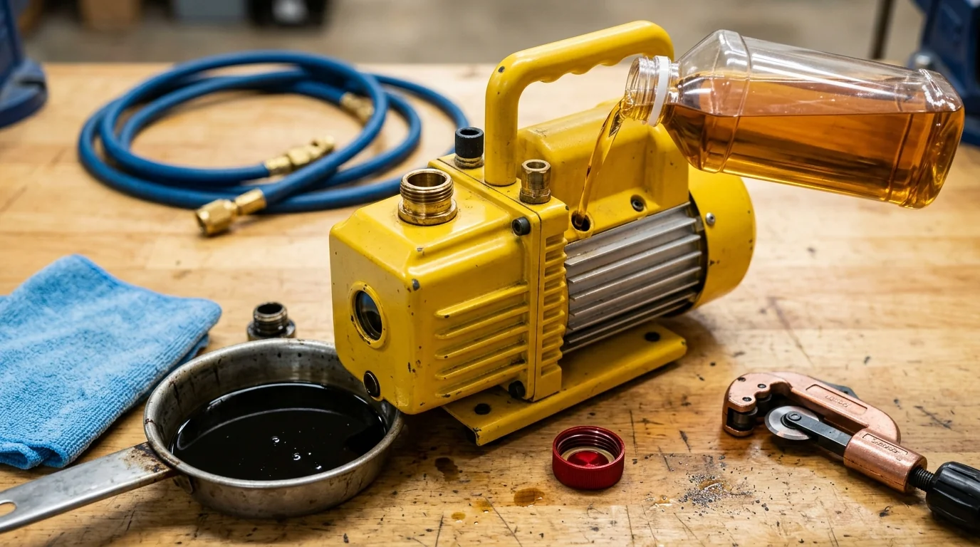 Yellow two-stage rotary vacuum pump on a workshop bench mid oil change — fresh amber oil being poured from a clear bottle, drain pan of dark used oil beside it, microfiber rag, copper tube cutter, and a coiled blue refrigerant hose in the background