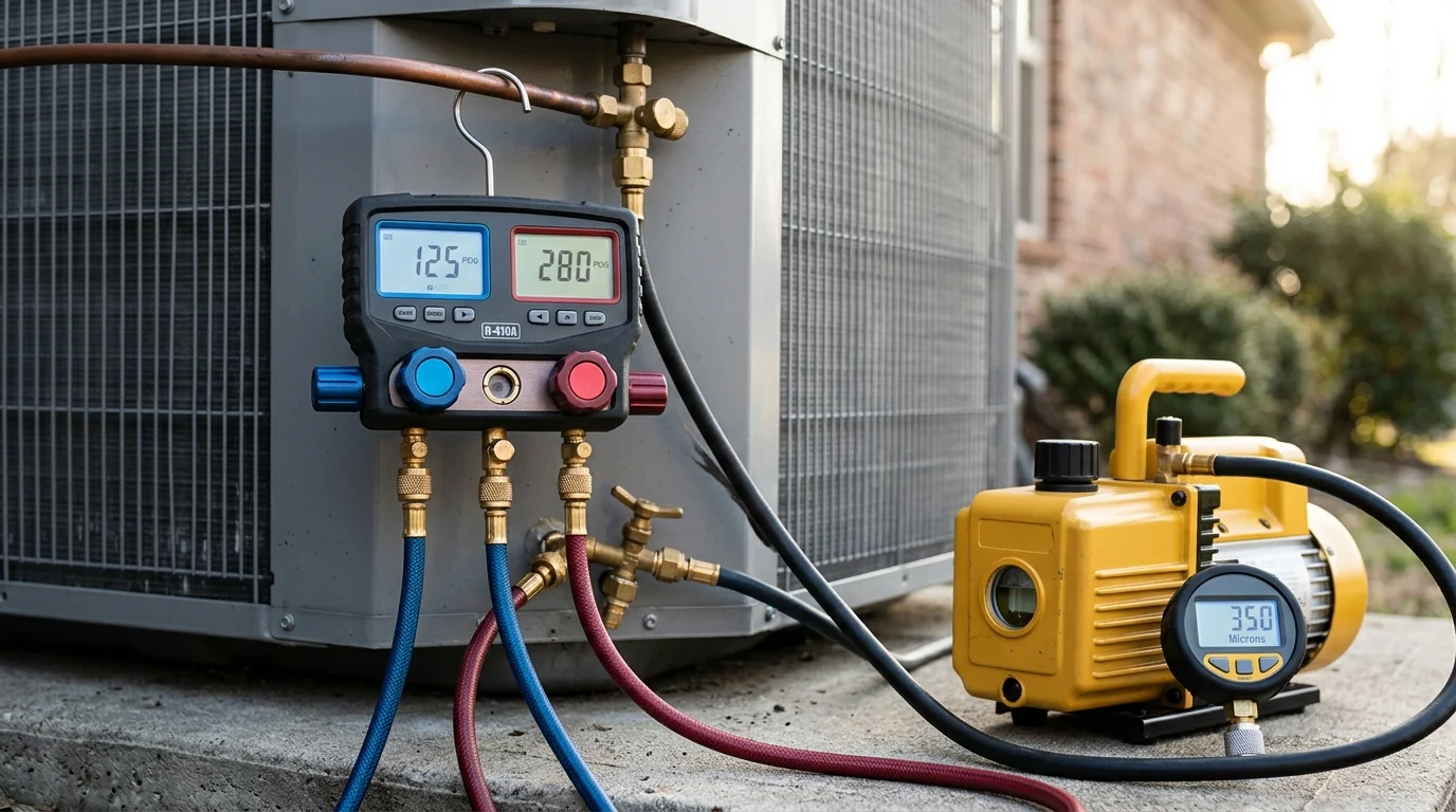 Digital HVAC manifold gauge set with blue and red refrigerant hoses connected to an outdoor condenser unit, alongside a yellow two-stage rotary vacuum pump and a digital micron gauge on a concrete pad