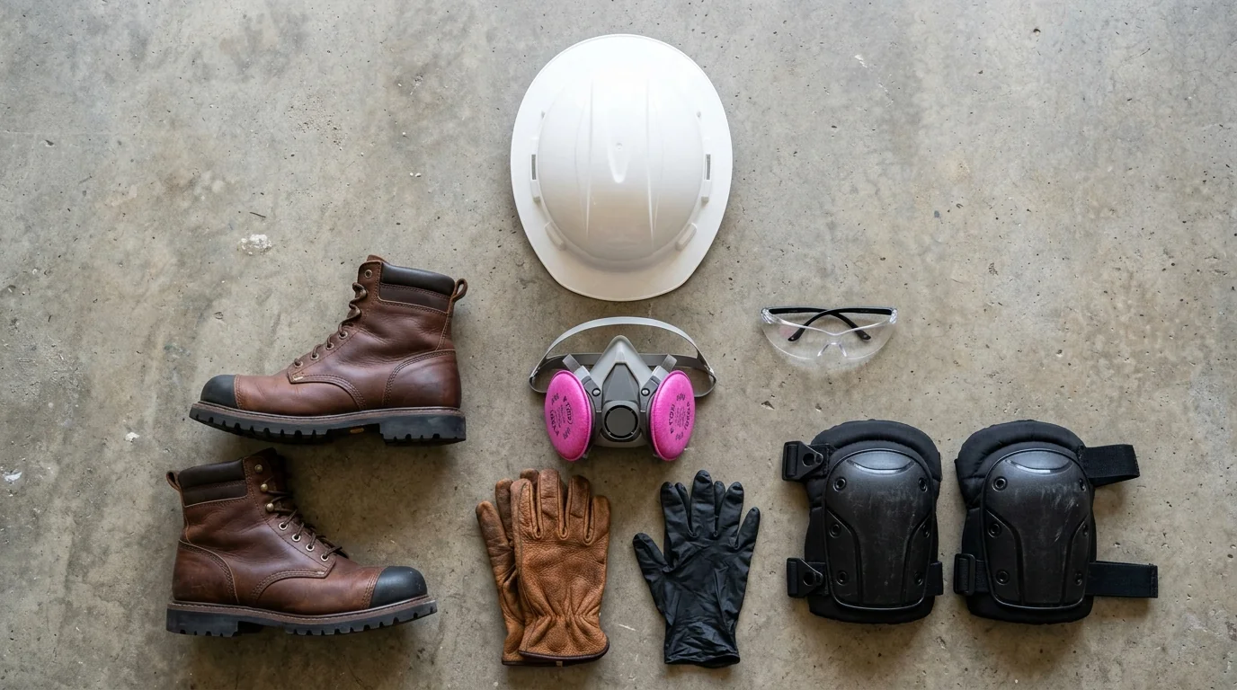 HVAC technician PPE laid out on a concrete floor — clear safety glasses, leather and chemical-resistant gloves, half-face respirator with P100 filters, brown leather steel-toed boots, black knee pads, and a white hard hat