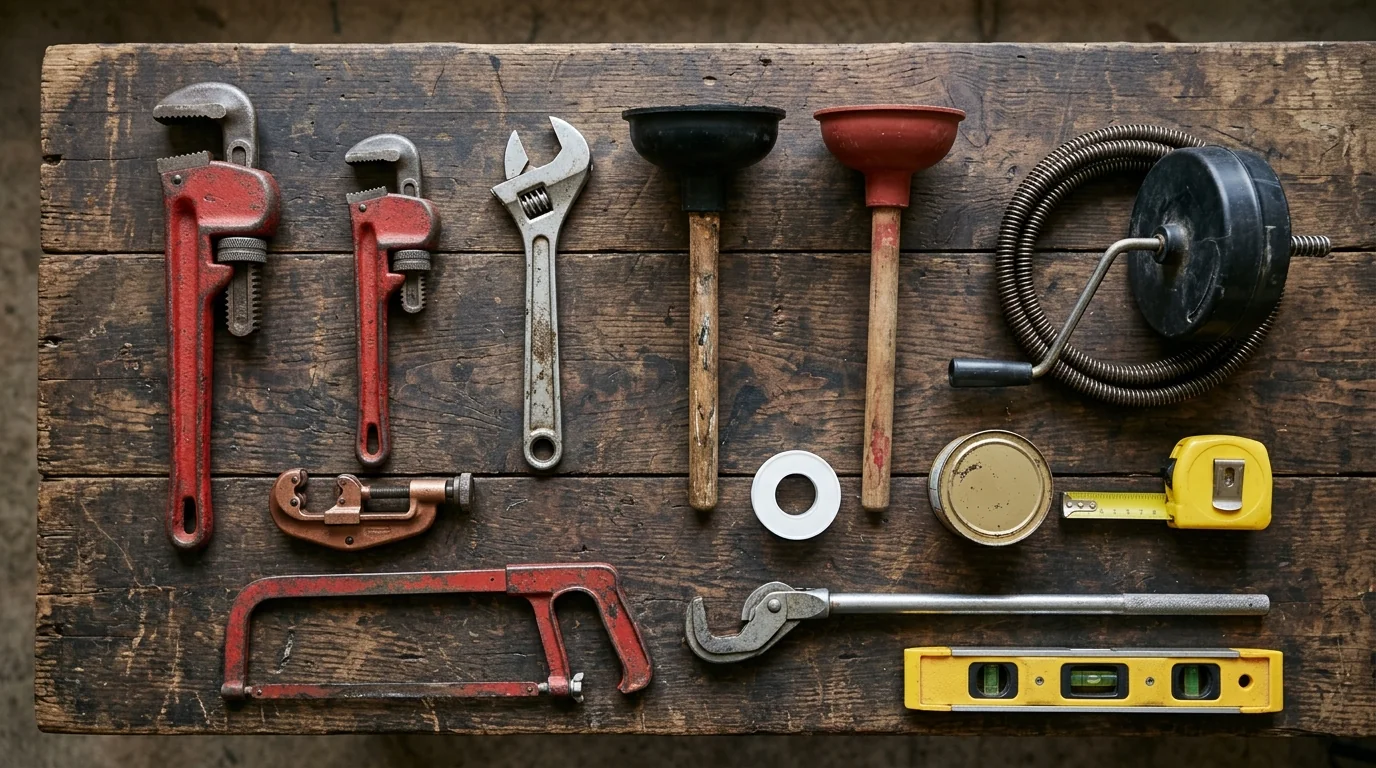 Plumbing apprentice hand tools flat-lay on a wooden workbench — two pipe wrenches, adjustable wrench, cup and flange plungers, hand drain auger, copper pipe cutter, hacksaw, basin wrench, PTFE tape, plumber's putty, tape measure, and torpedo level