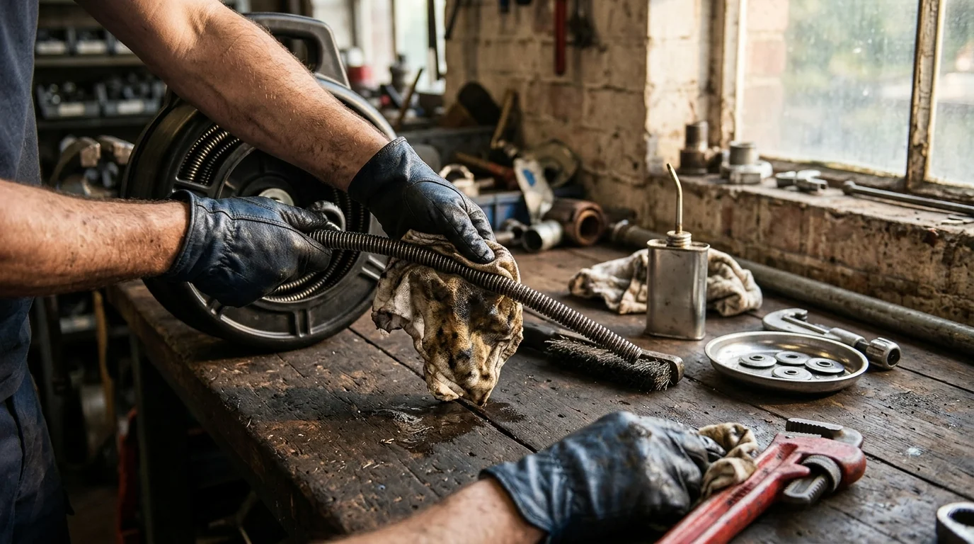 Gloved plumber's hands wiping down a metal drain auger cable with an oily rag at a wooden workbench, with a wire brush, oil can with thin spout, replacement pipe cutter wheels in a dish, and a red pipe wrench nearby