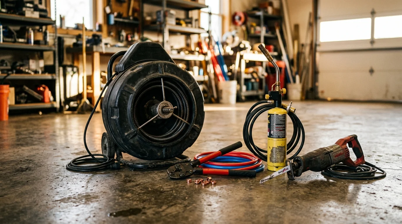 Plumber's power tools and specialty equipment on a shop floor — drum-style power drain machine with cable, PEX crimping tool with red and blue PEX tubing and copper crimp rings, propane torch with cylinder, and a corded reciprocating saw