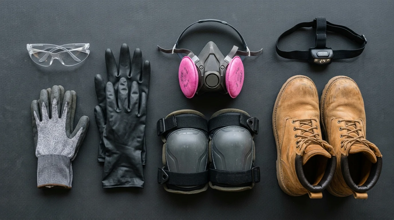 Plumber's personal protective equipment flat-lay — clear wrap-around safety glasses, cut-resistant work gloves, black nitrile chemical-resistant gloves, hard-shell knee pads, half-face respirator with organic vapor cartridges, leather steel-toed boots, and an LED headlamp