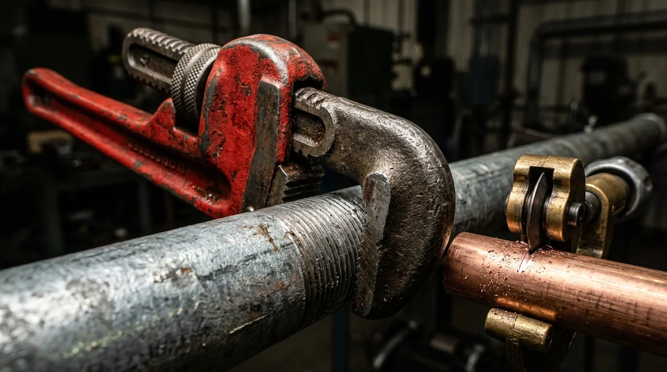 Close-up of a red drop-forged pipe wrench gripping a galvanized threaded steel pipe with the adjustment nut and serrated jaws clearly visible, alongside a copper tube cutter wheel cutting a copper pipe