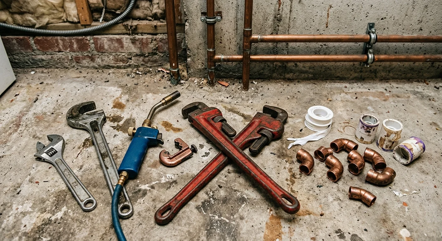 Plumbing tools and equipment arranged on a workbench