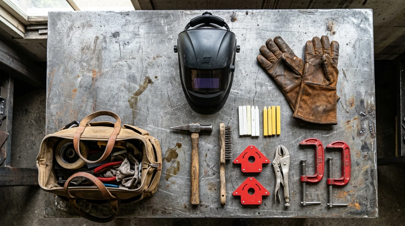 Welder day-one starter kit on a steel workbench — auto-darkening helmet, leather gauntlet gloves, chipping hammer, wire brush, soapstone, magnetic squares, C-clamps, locking pliers, and a canvas tool tote