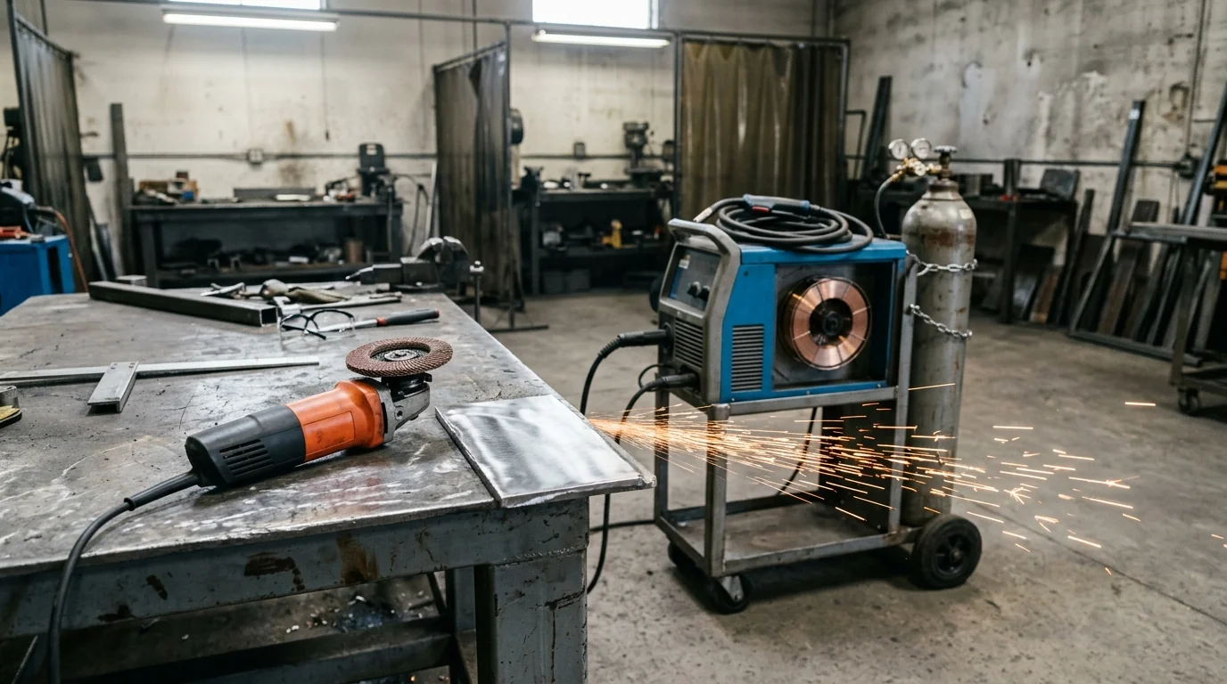 Angle grinder with flap disc on a steel welding table next to a MIG welding machine on a rolling cart with a chained shielding-gas cylinder, sparks flying in a fabrication shop