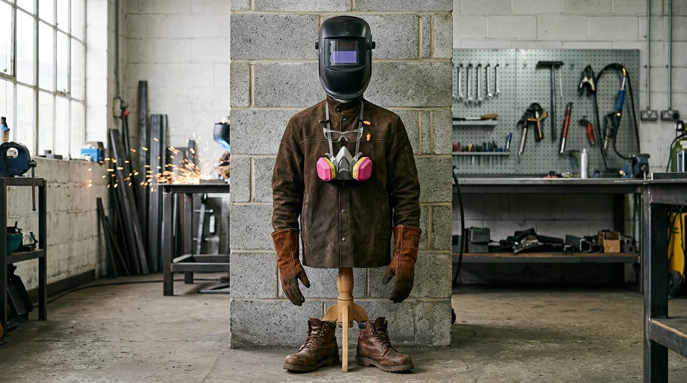 Welder PPE displayed on a mannequin against a shop wall — auto-darkening helmet, heavy leather welding jacket, gauntlet gloves, P100 half-face respirator, safety glasses, and steel-toe leather boots