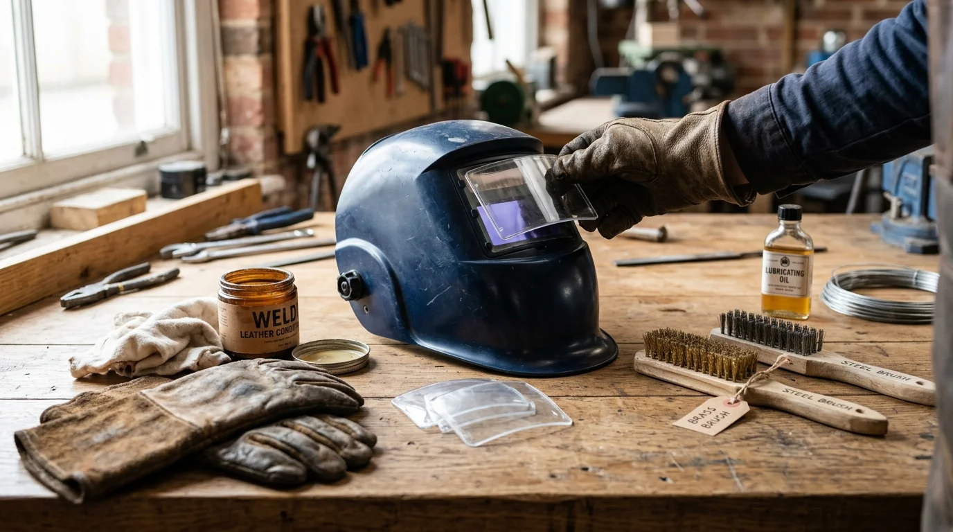 Welding gear maintenance on a wooden workbench — helmet with replacement cover lenses being inspected, leather gloves with conditioner, separate brass and stainless wire brushes, and a small bottle of oil