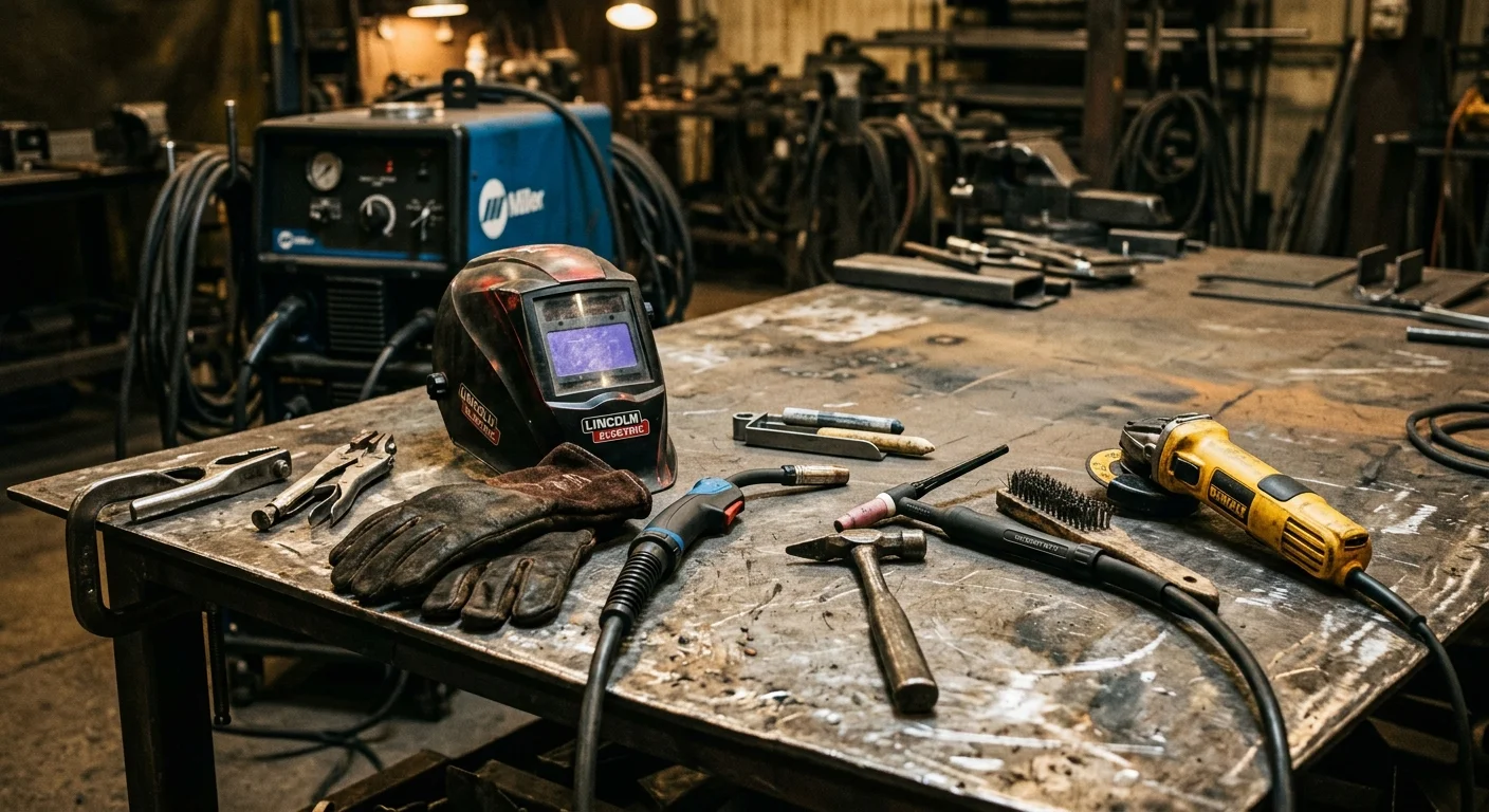 Welding tools and safety equipment laid out on a workbench