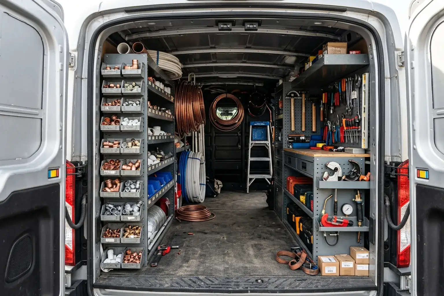 Organized shelving inside a plumbing service van stocked with copper and PVC fittings, valves, and hand tools