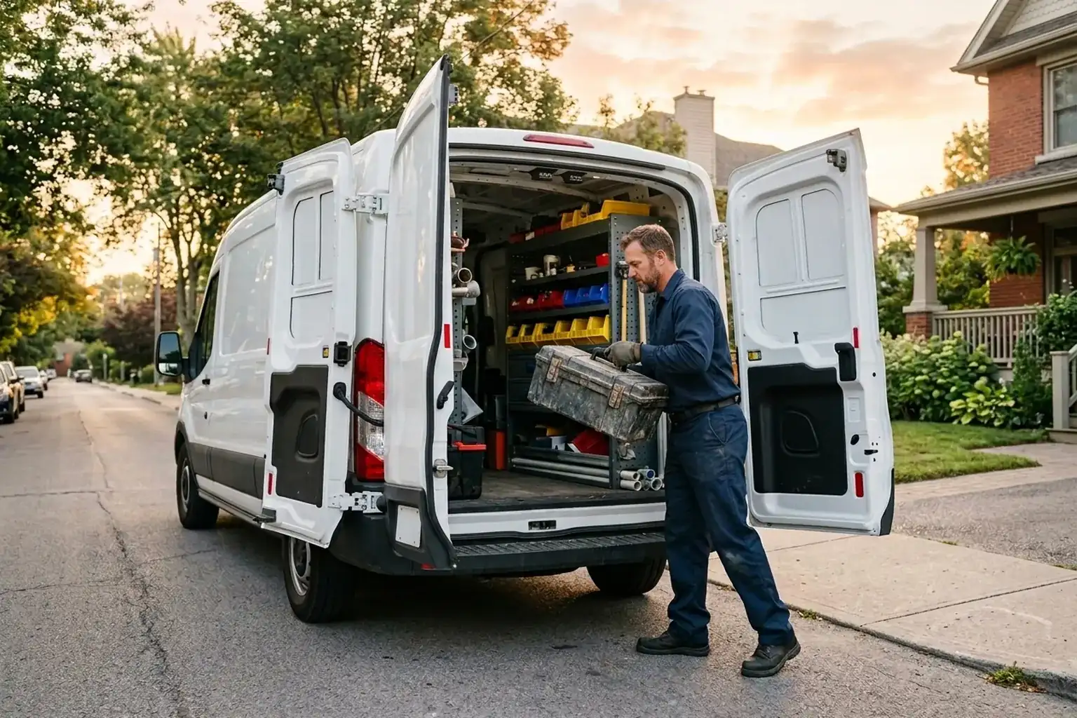 Plumber in work gear loading tools into a branded service van at the start of a workday