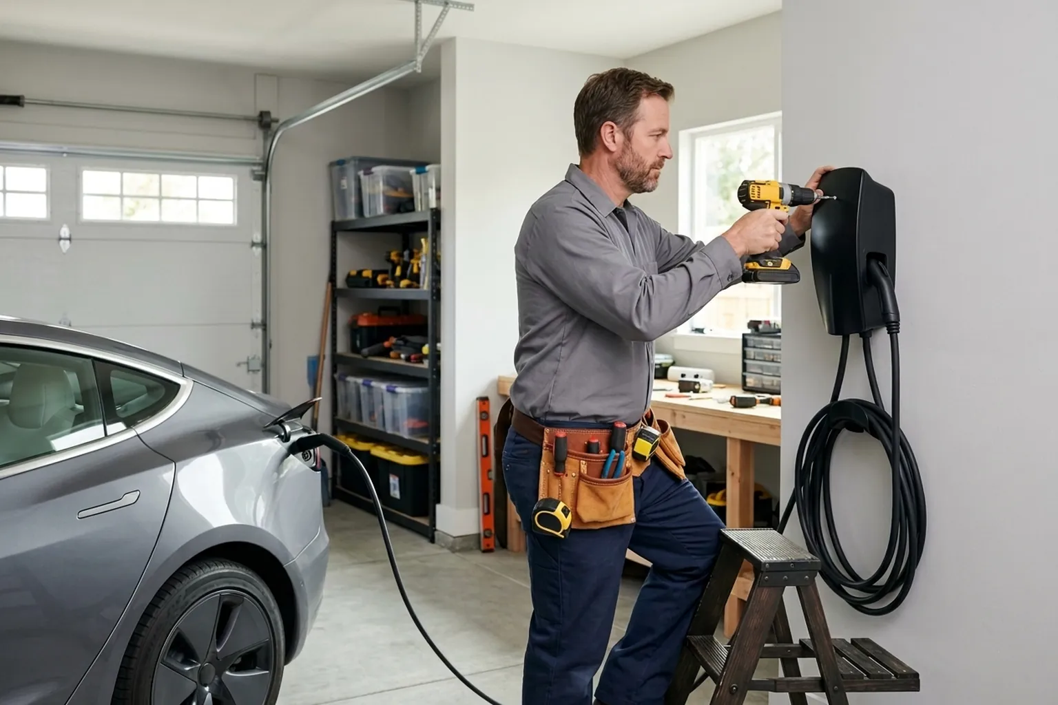 Electrician mounting a home EV charging station on a garage wall — one of the fastest-growing residential lanes in California
