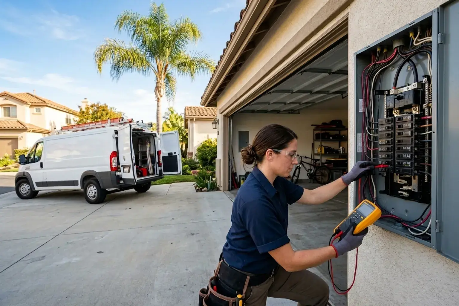 Electrician checking a residential electrical panel with a multimeter next to a service van in California