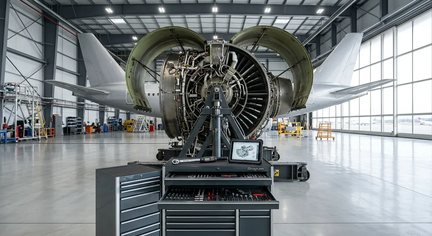 Wide-angle photograph of a large jet engine undergoing maintenance inside a modern aviation hangar with tools and schematics in the foreground