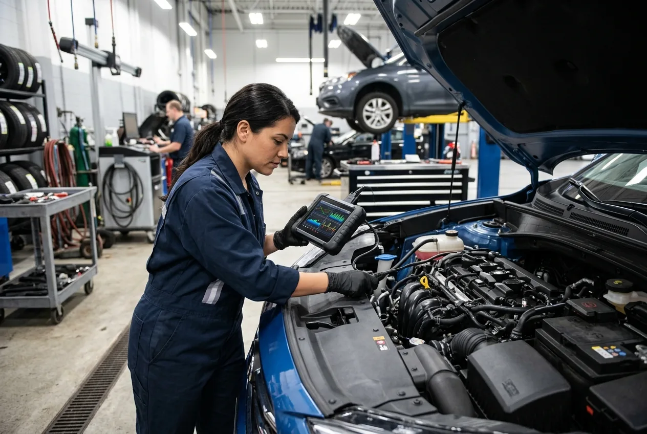 Automotive technician connecting a diagnostic scan tool to a vehicle and reading live engine data