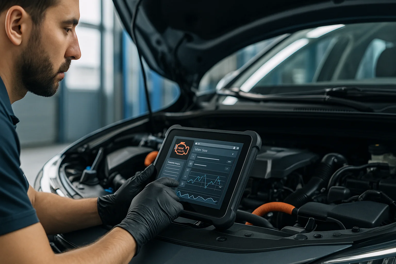 Automotive technician using diagnostic equipment on modern vehicle
