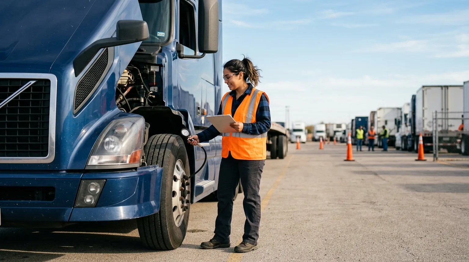 A student truck driver doing a pre-trip inspection on a tractor-trailer at a CDL training yard
