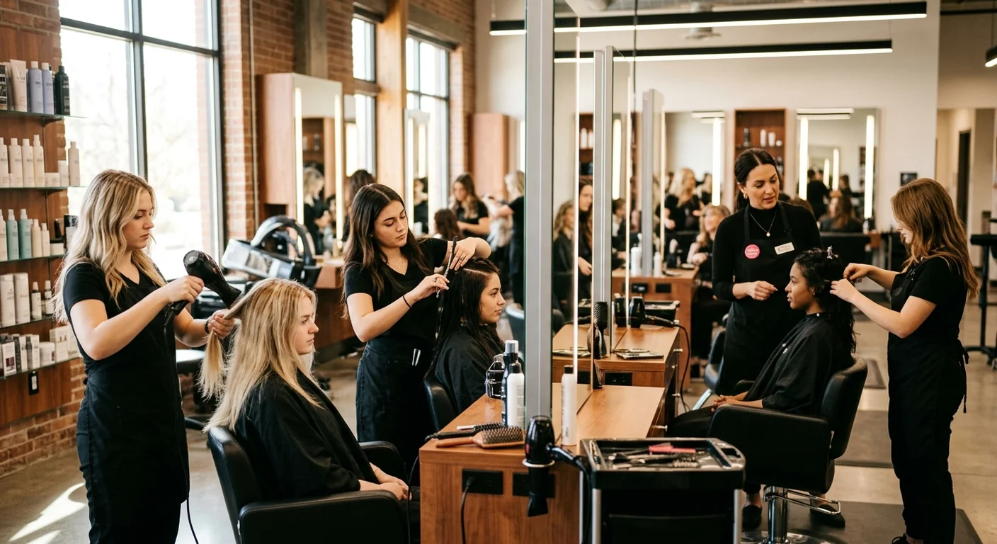 Cosmetology students working at salon-style stations in a beauty school classroom with mirrors, styling chairs, and instructor supervising