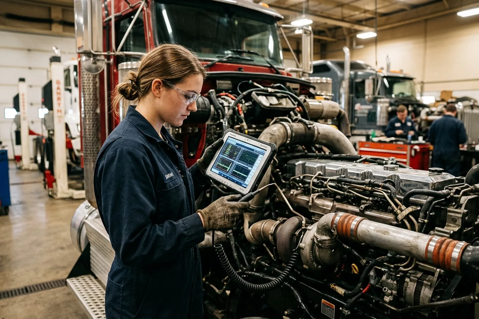 Diesel mechanic student working on heavy truck engine at a training school
