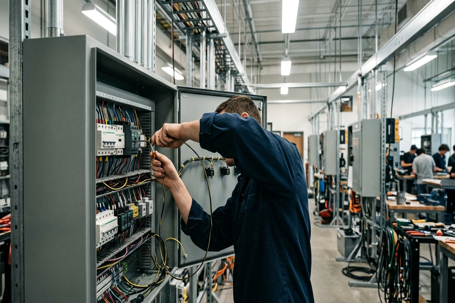 Electrician apprentice in a training lab wiring a panel