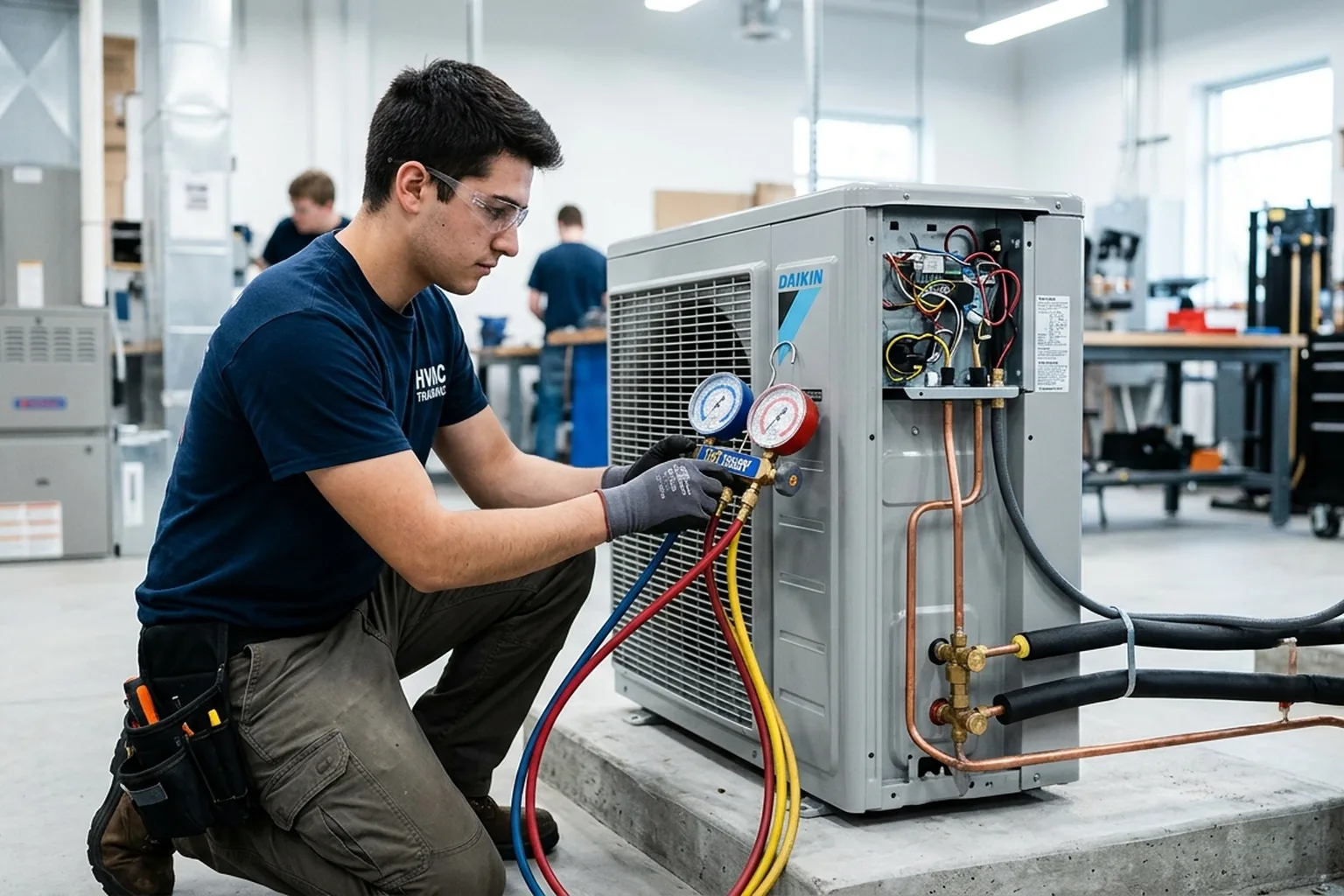 HVAC student working on a heat pump system at a training school