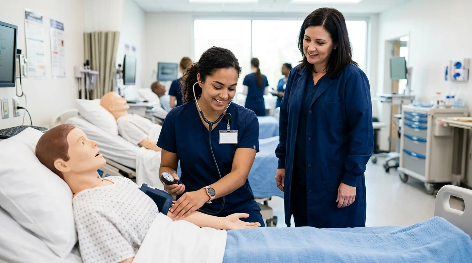 A practical nursing student in scrubs practicing patient care skills in a clinical skills lab