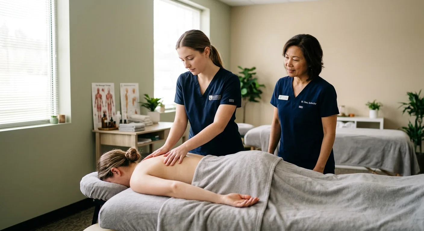 A massage therapy student practicing technique on a treatment table in an accredited school clinic under instructor supervision