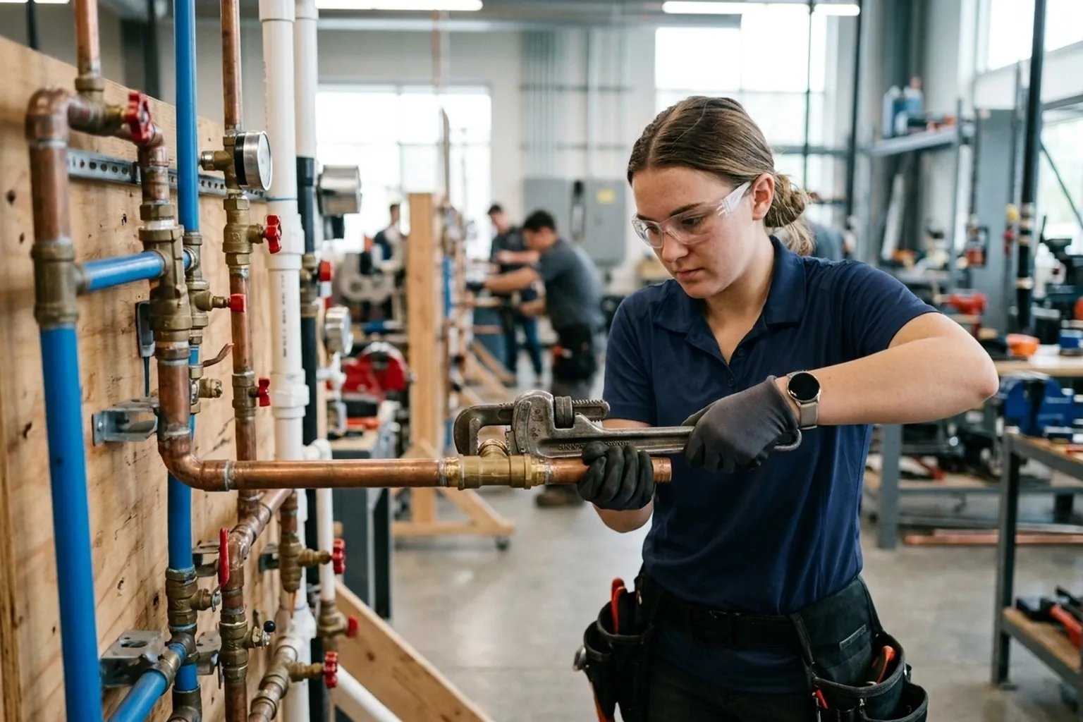 Plumbing student practicing pipe fitting on a training rig at a trade school