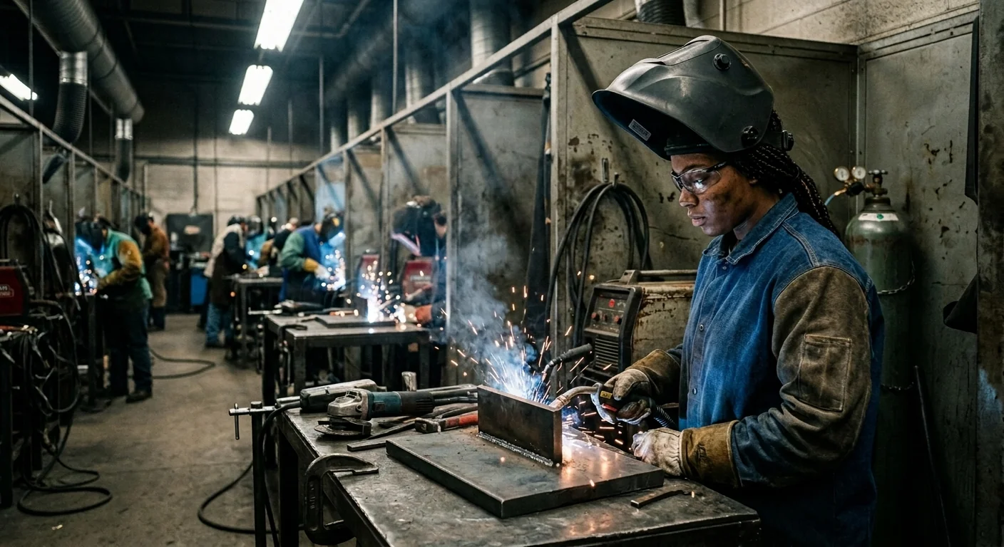 Welding student practicing flat-position MIG welding in a school welding booth, with a row of training booths visible behind
