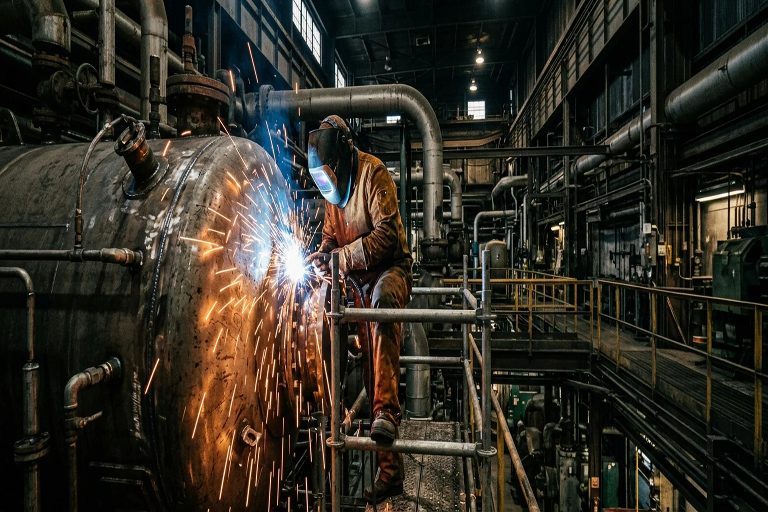 Boilermaker welding a pressure vessel at an industrial facility