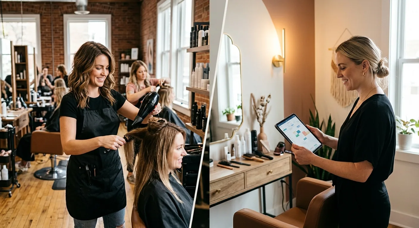 Split-frame illustration of a cosmetology workspace — on the left a stylist working at a commission salon chair with a colleague behind, on the right a stylist behind a rented booth with personal product display and a tablet for booking