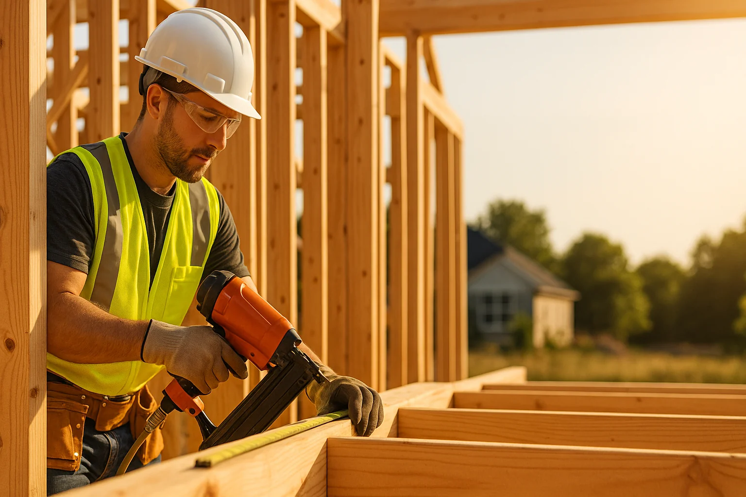 Carpenter working on wooden frame construction project