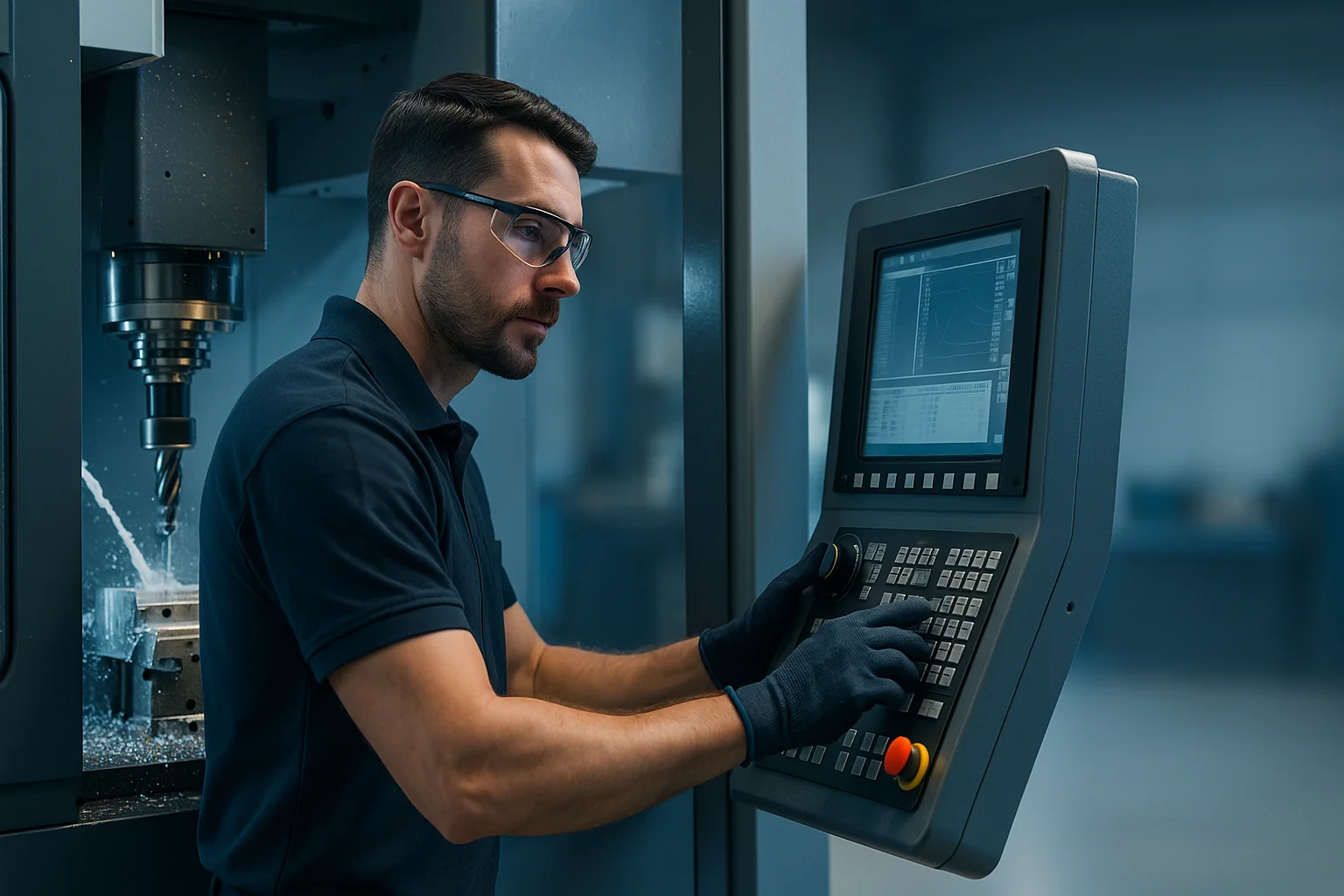 CNC machinist operating precision milling machine