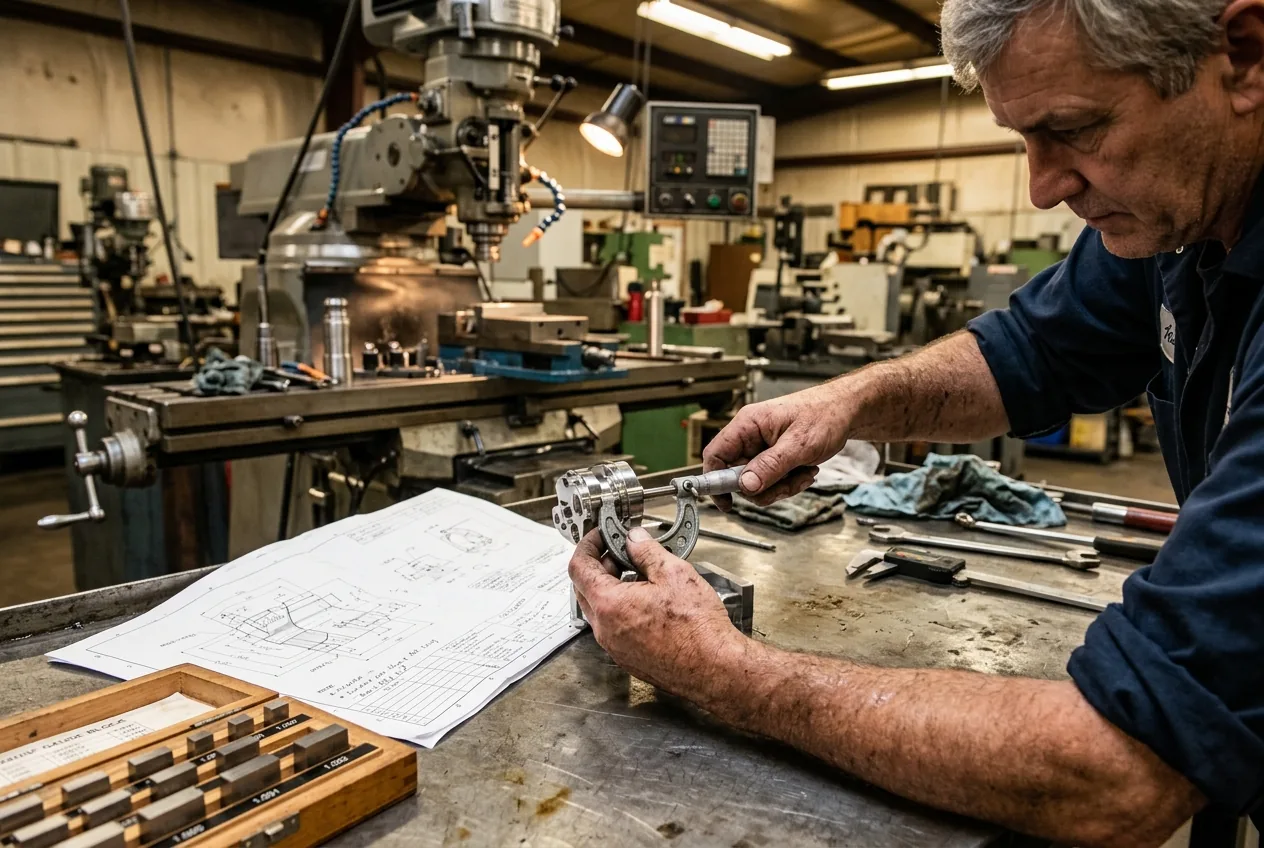 Machinist checking a finished part with a micrometer at the machine, blueprint and gauge blocks on the workbench