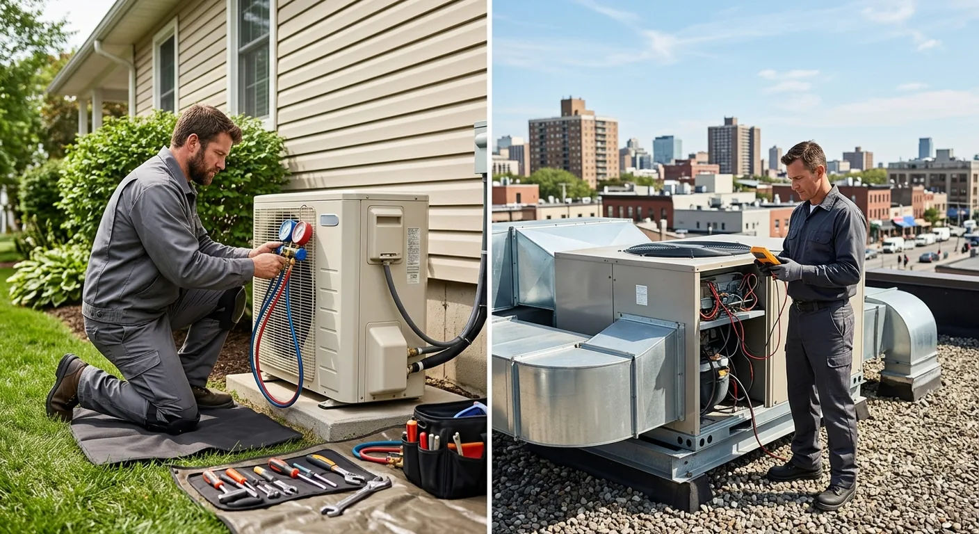 Side-by-side scene of an HVAC technician working on a residential outdoor air-source condenser at a single-family home, paired with a technician on a flat commercial rooftop servicing a packaged rooftop unit (RTU) with a city skyline behind